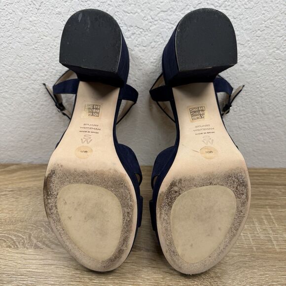 Stuart Weitzman Dayna 80MM Leather Platform Sandals SIZE 10 B Blue Suede